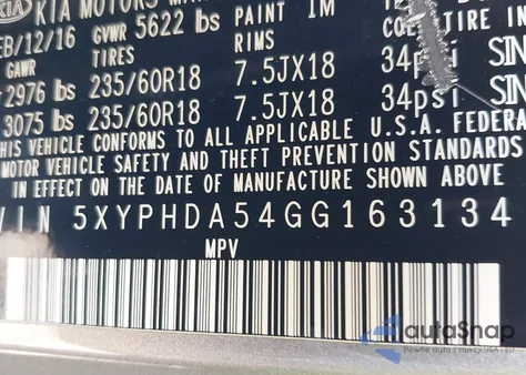 2016 Kia Sorento 3.3L Ex из США, поврежденный, VIN 5XYPHDA54GG163134